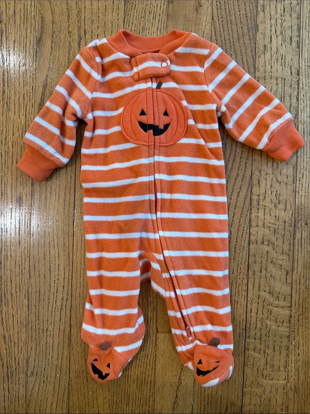Orange Striped Pumpkin Footed One-Piece Baby Newborn Fleece EUC